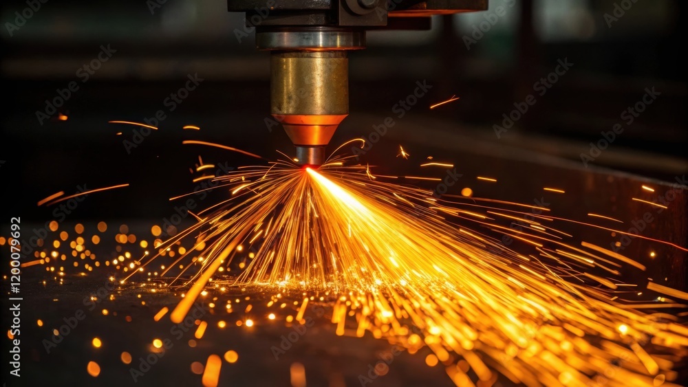Poster a closeup of molten metal flowing from a welding torch creating sparks that are suspended in midair 