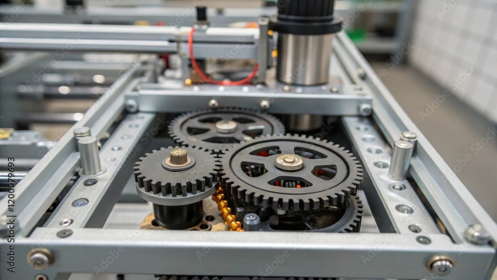 Poster A closeup of mechanical components within a robotic base revealing interconnected gears and motors that drive the robotic assembly system.