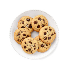 Delicious chocolate chip cookies isolated on white background, top view