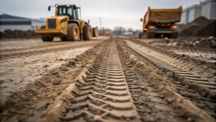 A closeup of heavy machinery tracks caked in mud and gravel leaving distinct prints on the ground as construction vehicles navigate the site of the underground parking facility.