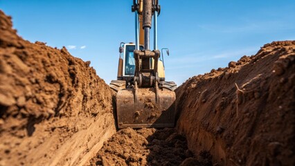 A closeup of heavy machinery digging into the dry earth revealing a contrast between the rich brown soil and the stark blue of the sky.