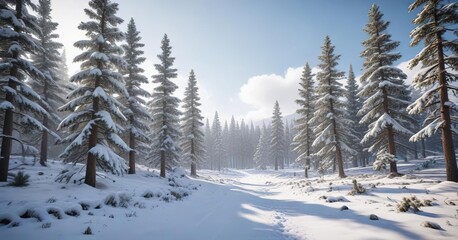 Snow-covered pine trees in a winter wonderland, forest, nature