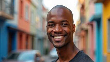 Obraz premium Confident young African man smiling against a vibrant urban backdrop