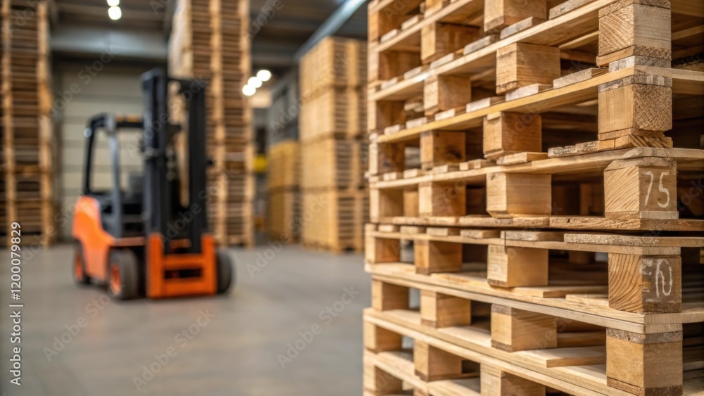 Aufkleber A closeup of pallets stacked precariously high with a forklift in the background ready to retrieve a load emphasizing the organization and structure of warehouse inventory.