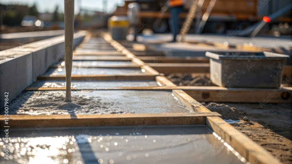 Poster a closeup of pouring concrete into forms with the wet mix glistening in the sunlight and constructio