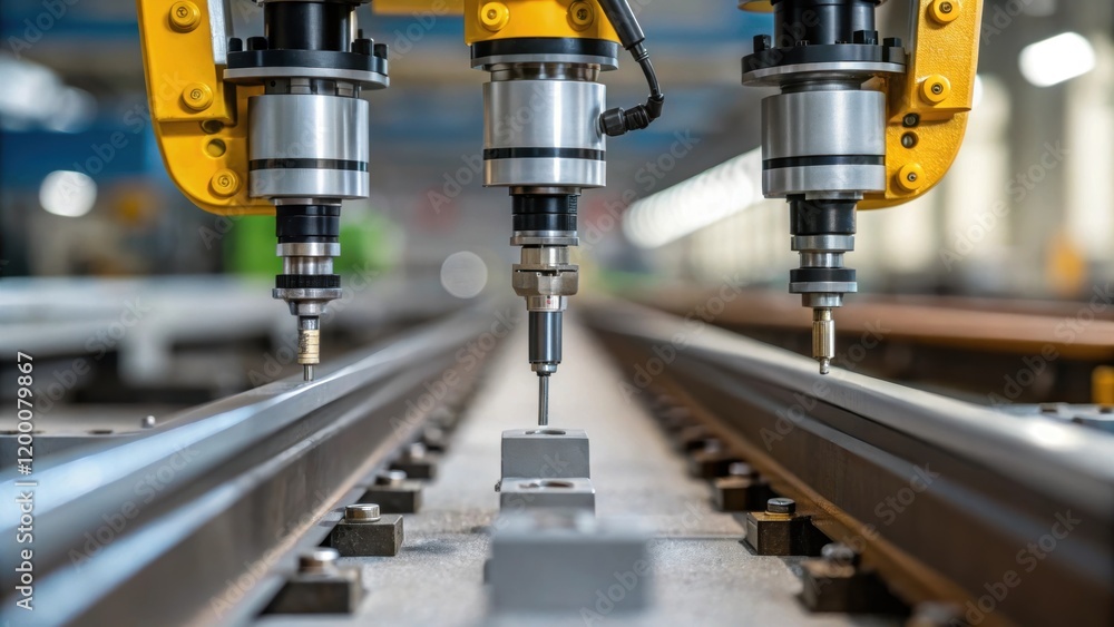 Aufkleber A closeup of precision tools used for installing rail tracks being operated by robotic systems highlighting advancements in automated infrastructure deployment.