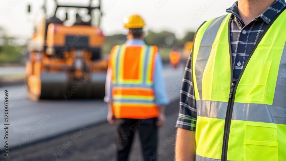 Poster a closeup of reflective safety vests adorned by workers with a blurred asphalt paver working in the 