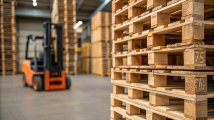 A closeup of pallets stacked precariously high with a forklift in the background ready to retrieve a load emphasizing the organization and structure of warehouse inventory.