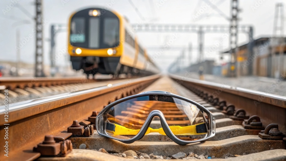 Aufkleber a closeup of safety goggles reflecting the railway tracks and a passing train emphasizing the worker