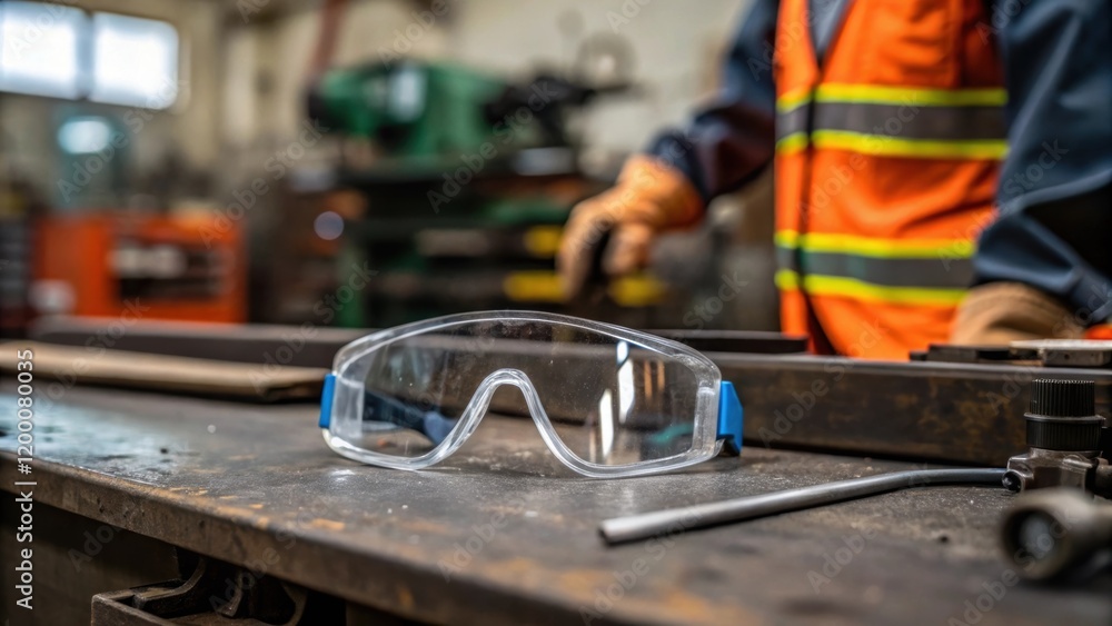 Poster A closeup of safety goggles resting on a workbench with a supervisors hand seen in the frame symbolizing commitment to worker safety.