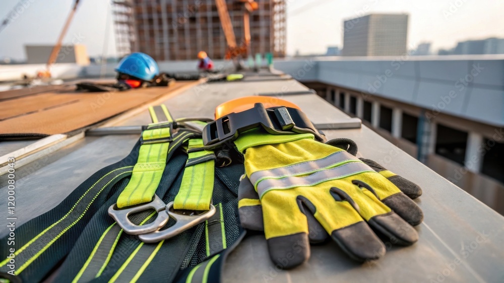 Poster a closeup of safety gear including gloves and harnesses laid out on a construction site highlighting