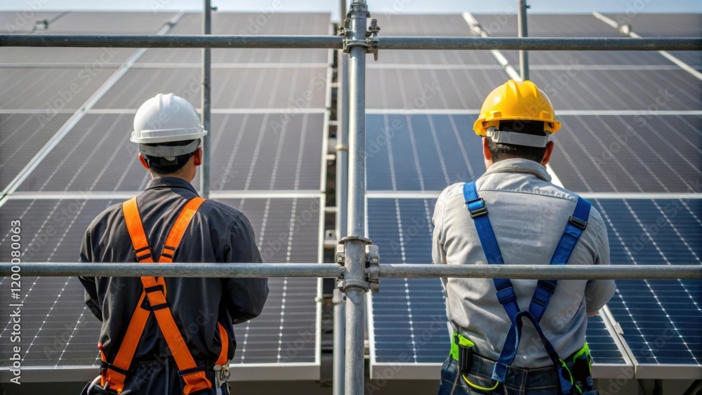 Poster A closeup of scaffolding around a solar panel setup highlighting the safety measures taken during the installation process with hard hats and harnesses in use.