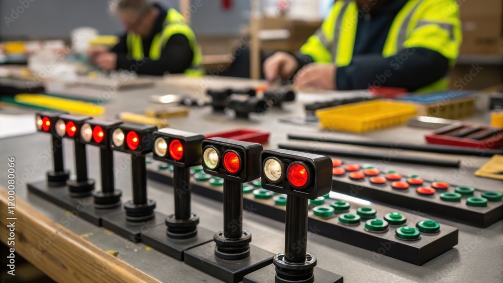 Poster A closeup of small rail signal components like lenses and reflectors meticulously arranged on a workbench as workers prepare for installation.