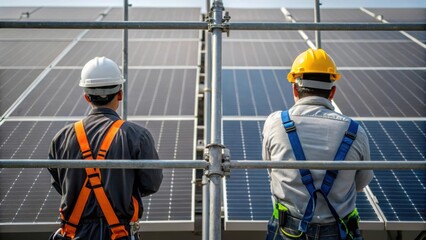 A closeup of scaffolding around a solar panel setup highlighting the safety measures taken during the installation process with hard hats and harnesses in use.