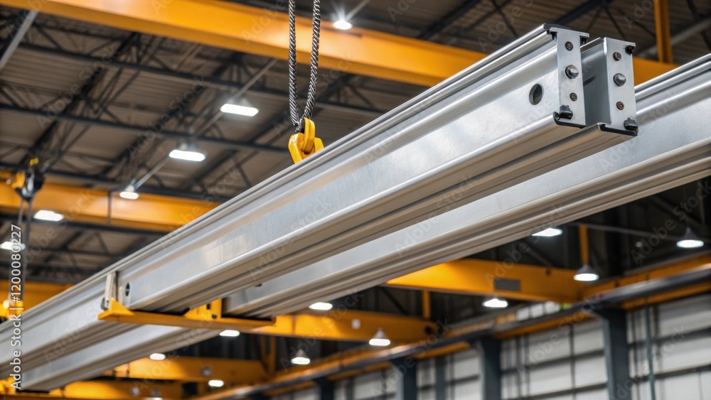 Poster a closeup of the crane rail systems mounted on the warehouse ceiling emphasizing the smooth sy metal