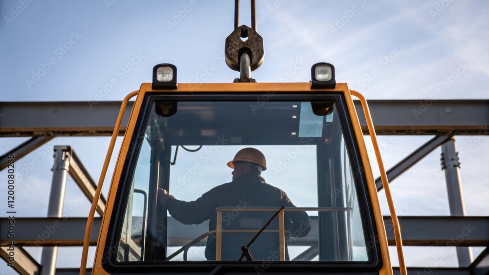 Aufkleber a closeup of the cranes heavyduty hook as it lifts steel beams with the operators silhouette visible