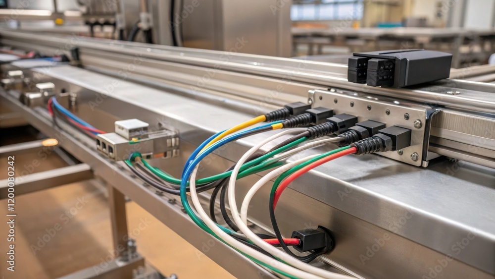 Poster A closeup of the electrical wiring and connectors being installed into the conveyor system highlighting the integration of technology for automation in the kitchen.
