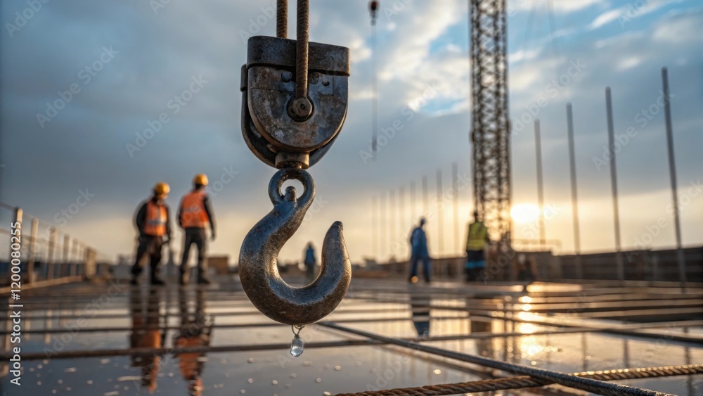 Poster a closeup of the cranes hook glistening with moisture as it hovers above a construction site framed 