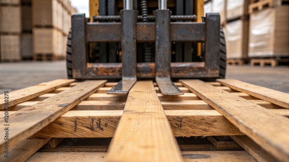 Poster a closeup of the forklifts fork piercing through a wooden pallet showcasing the texture of the wood 