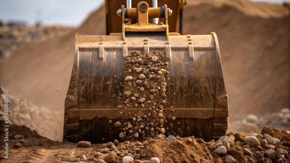 Poster a closeup of the excavators bucket as it digs deep into the earth dirt and pebbles cascading down il