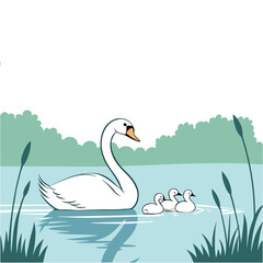 a swan with her cygnets in a serene lake