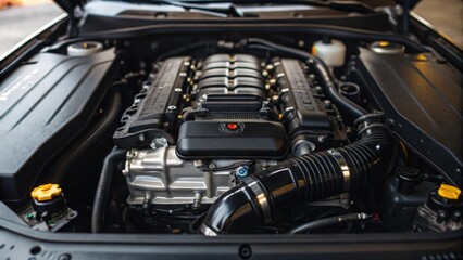 A closeup of the engine compartment revealing intricate components and heavyduty parts surrounded by a slight sheen of oil symbolizing power and reliability.