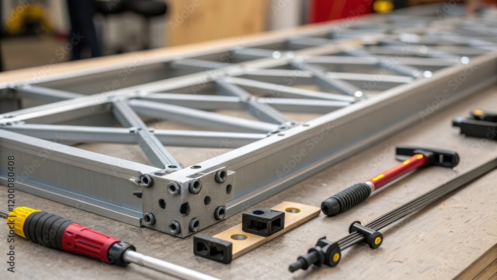 Aufkleber A closeup of the intricate joints and connectors of a prefabricated bridge section with tools tered nearby showcasing the complexity and engineering involved in the assembly