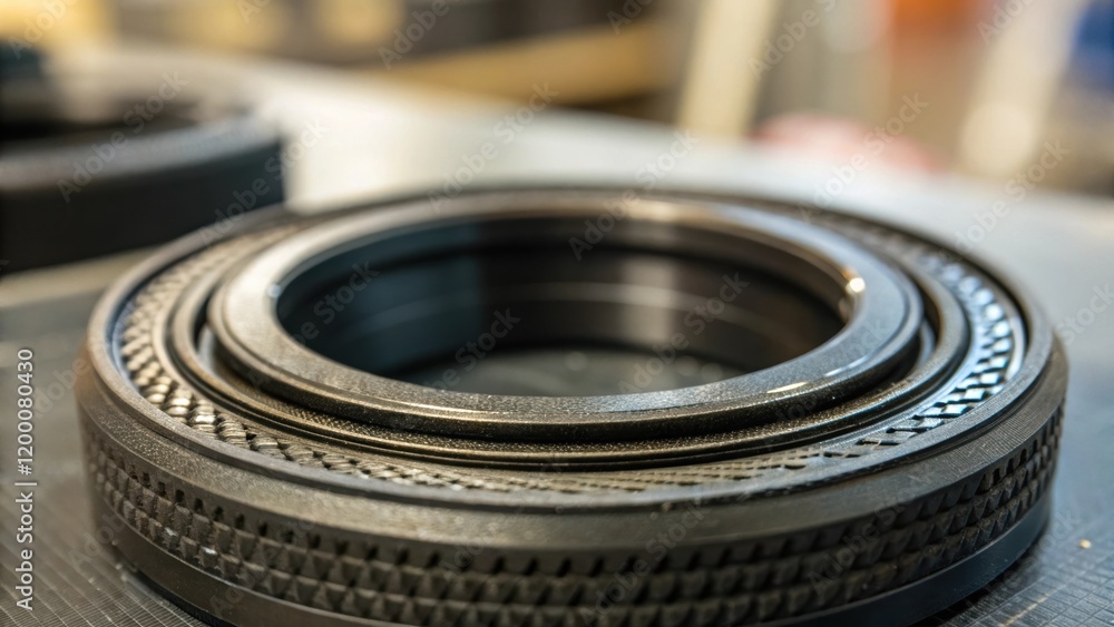 Aufkleber A closeup of the intricate texture of a finished industrial seal capturing the fine grooves and patterns that enhance its sealing capabilities with a shallow depth of field