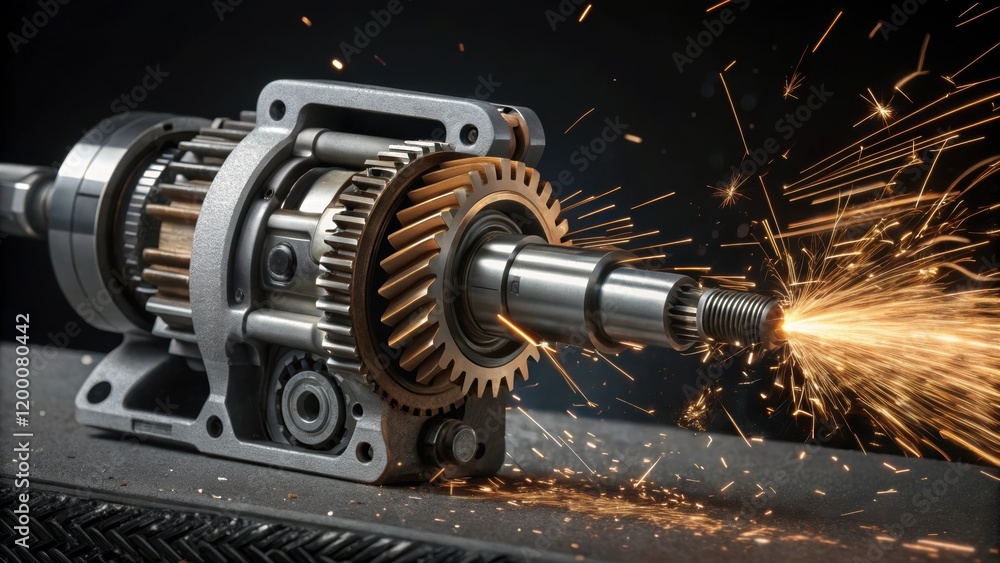 Poster A closeup of the jackhammers motor showing intricate parts and the sparks flying as it engages symbolizing power and machinery.