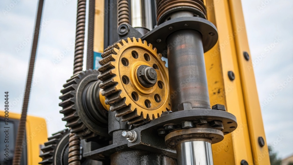 Poster A closeup of the mechanical components of the pile driver gears visibly rotating and hydraulic lines pulsing emphasizing the machines complexity and power.
