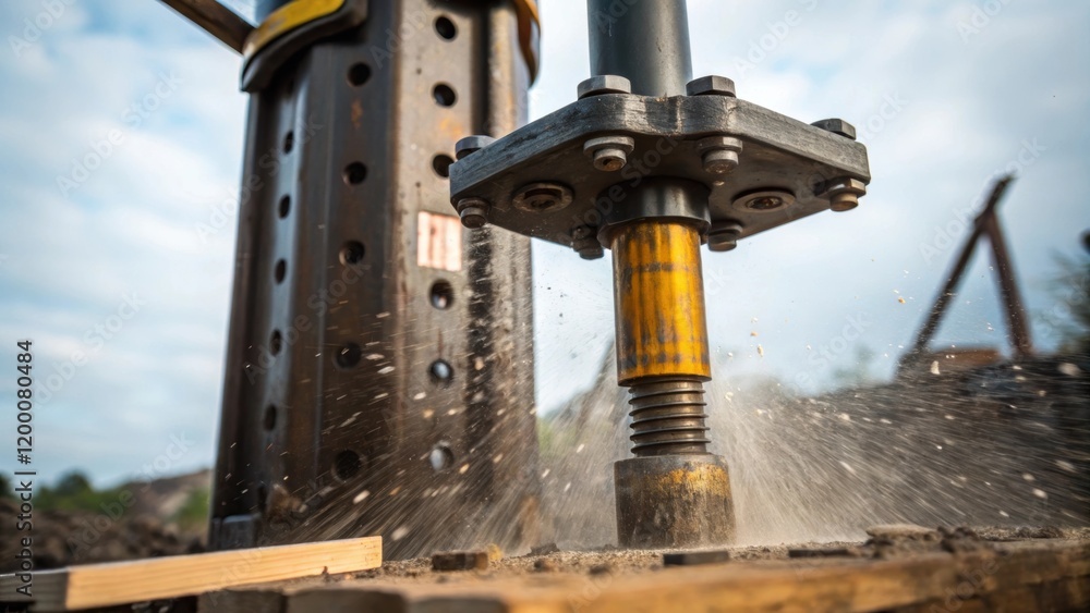 Poster a closeup of the pile drivers striking mechanism captured midoperation with the hammer in motion and