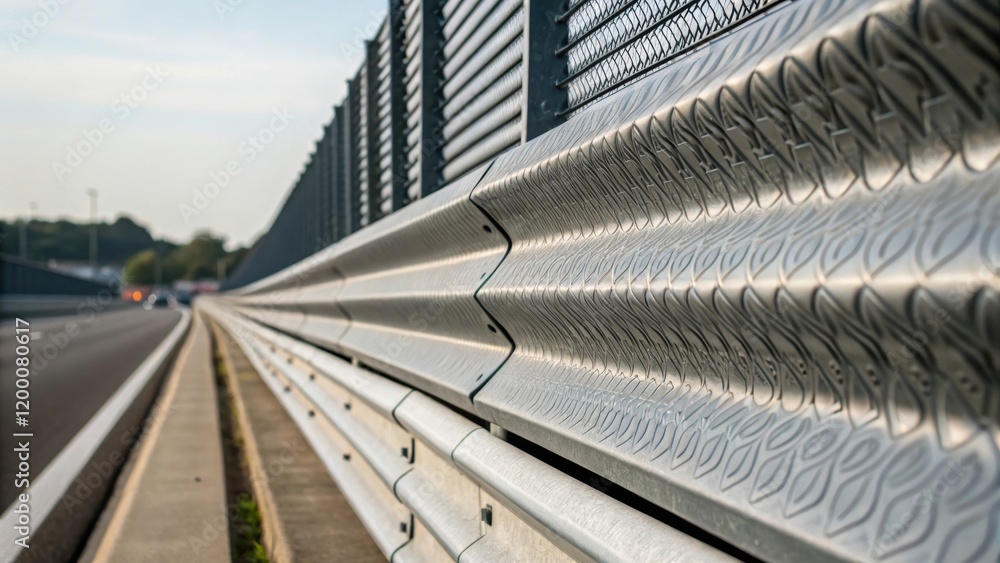 Aufkleber A closeup of the textured edge of a noise barrier highlighting the unique design intended to reduce vibration and reflect sound waves away from nearby areas.