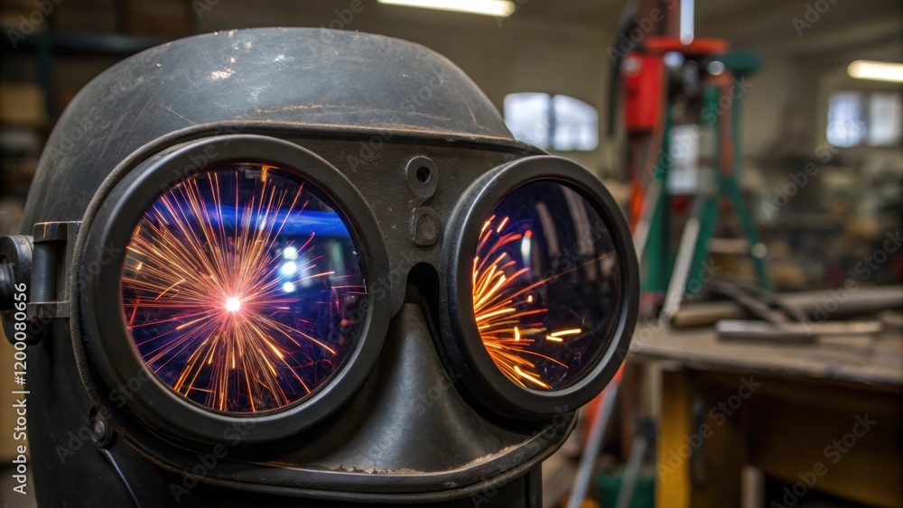 Poster a closeup of the welders goggles capturing reflections of vibrant sparks and bright welding arcs wit