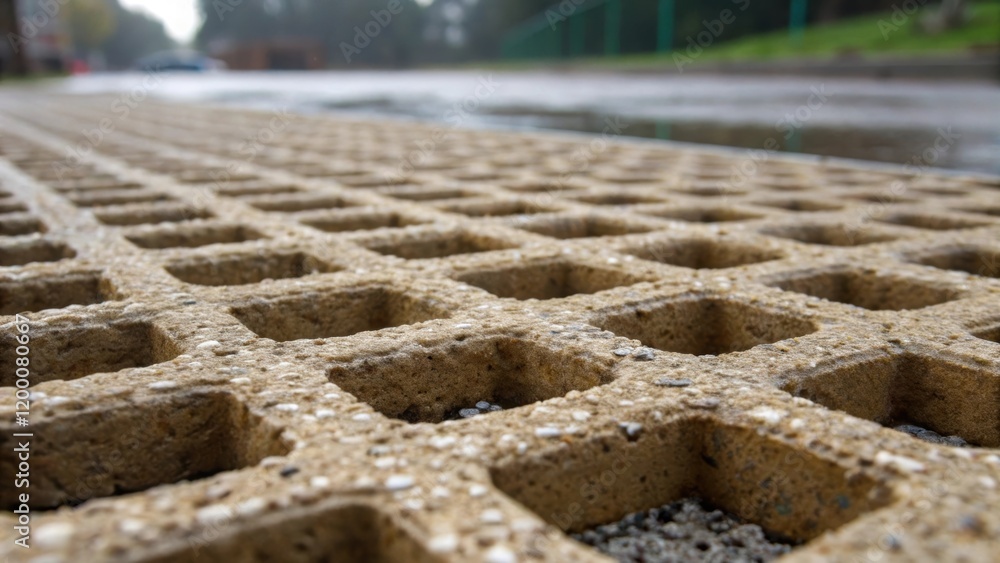 Poster a closeup of the textured surface of a permeable paving block demonstrating how stormwater can be ef