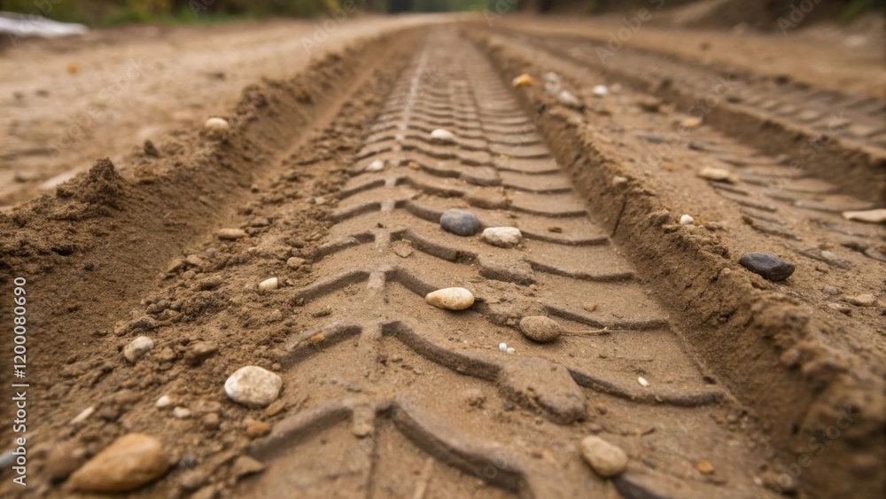 Poster A closeup of tire tracks in soft soil indicating recent grading activity with small stones embedded in the mud highlighting the ongoing road preparation.