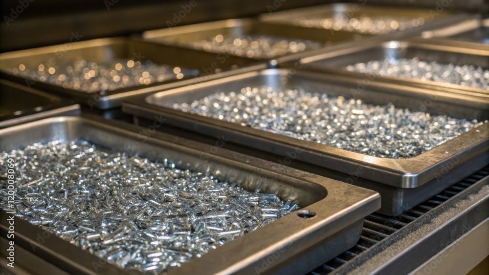 Poster a closeup of trays filled with machined metal shavings reflecting light and illustrating the byprodu