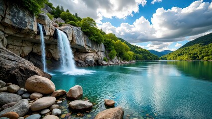 Fototapeta premium Sun-kissed sea stretches vast, framed by majestic, layered boulders. A rugged rock formation commands the left, casting intricate shadows over tranquil waters