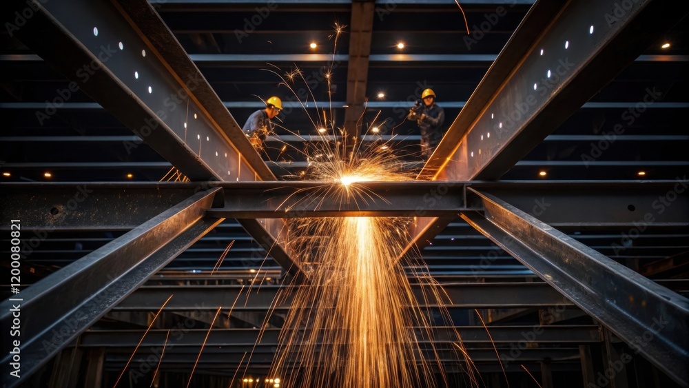 Aufkleber A closeup of welding sparks flying as workers join steel girders capturing the intensity and skill involved in connecting the multitiered framework of the flyover.