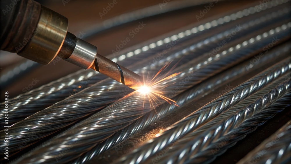 Aufkleber A closeup of welding wire being fed into the torch showing the texture and shiny surface of the material used for highstrength welds in construction applications.
