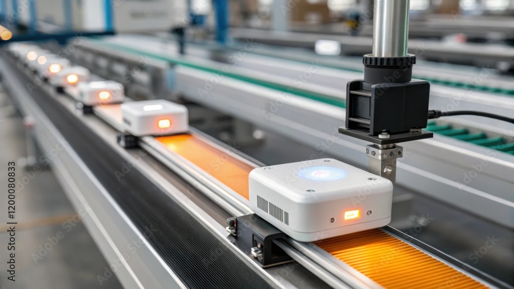 Poster A closeup on a smart sensor attached to a conveyor belt with sensors examining the flow of materials emphasizing the modern technology of automation in action.
