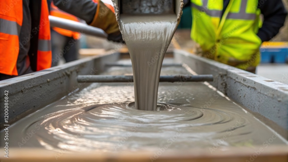 Poster a closeup of workers pouring a mixture of concrete into a mold with the focus on the pouring action 