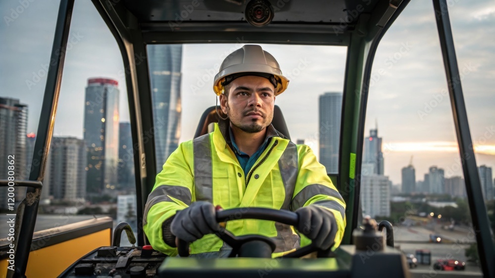 Poster a closeup perspective of a cranes operator wearing highvisibility gear concentrated as they navigate