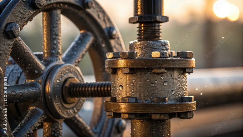 Poster a closeup on the intricate components of a penstock valve with droplets of moisture reflecting light