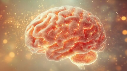 Holographic glowing brain with neural pathways on soft golden background