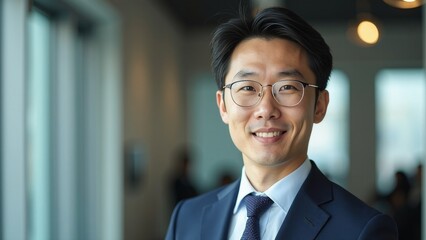 Confident middle-aged South Korean male smiling in a formal suit against a stylish office backdrop