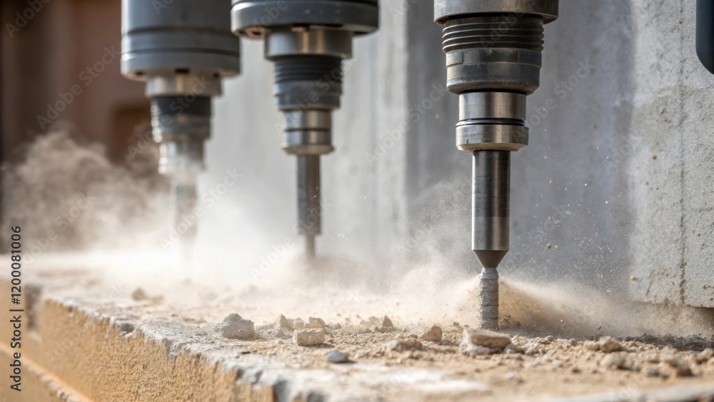 Poster a closeup shot of a concrete core drill bits as they trate a wall fine dust swirling around emphasiz