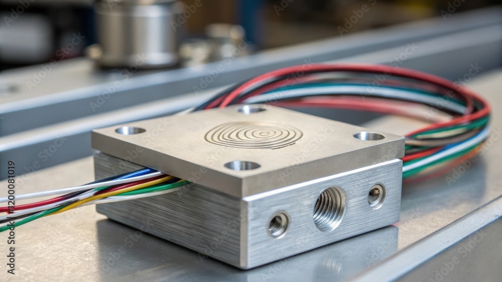Poster A closeup shot of a weighing scales load cell with wires neatly organized and a fingerprint smudge on the sleek surface illuminating the precision engineering involved.