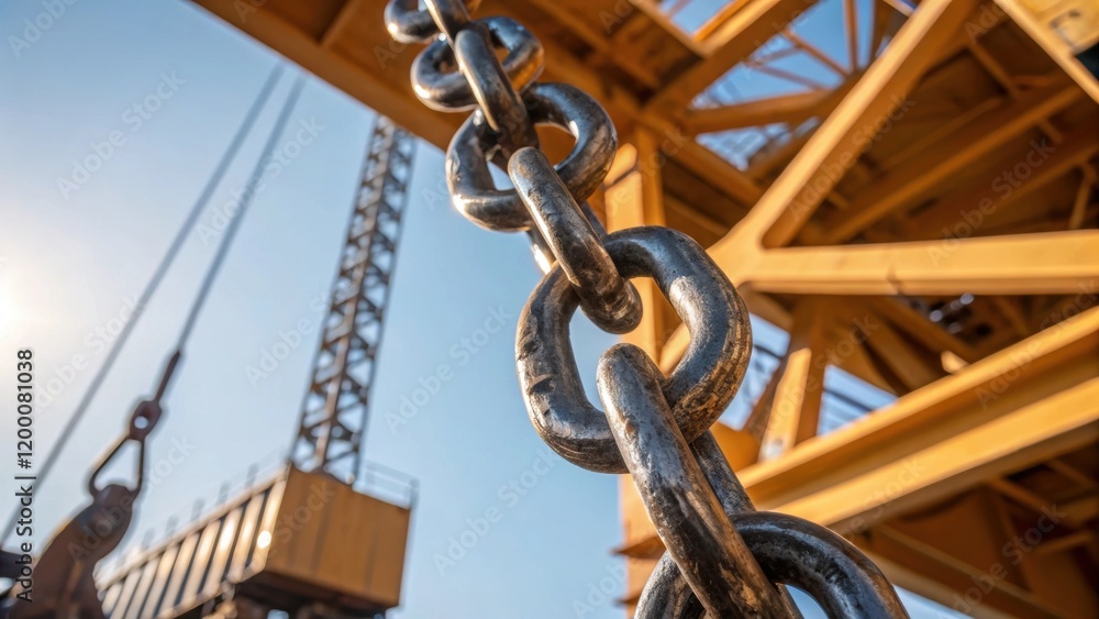 Poster a closeup shot of a thick steel chain securing an enormous industrial component glinting in the sunl