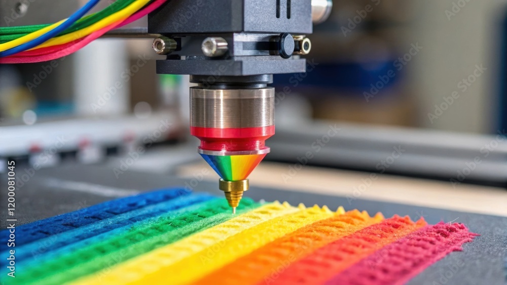 Poster a closeup shot of a specialized nozzle extruding a vibrant mix of materials demonstrating the versat