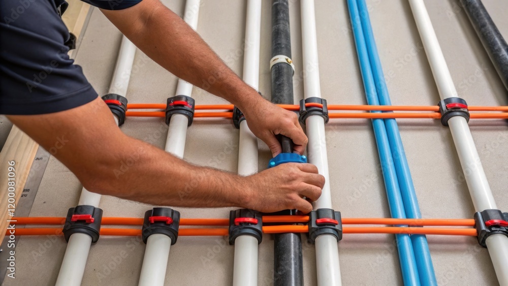 Poster a closeup shot of a worker tying together lengths of piping their hands deftly maneuvering the mater